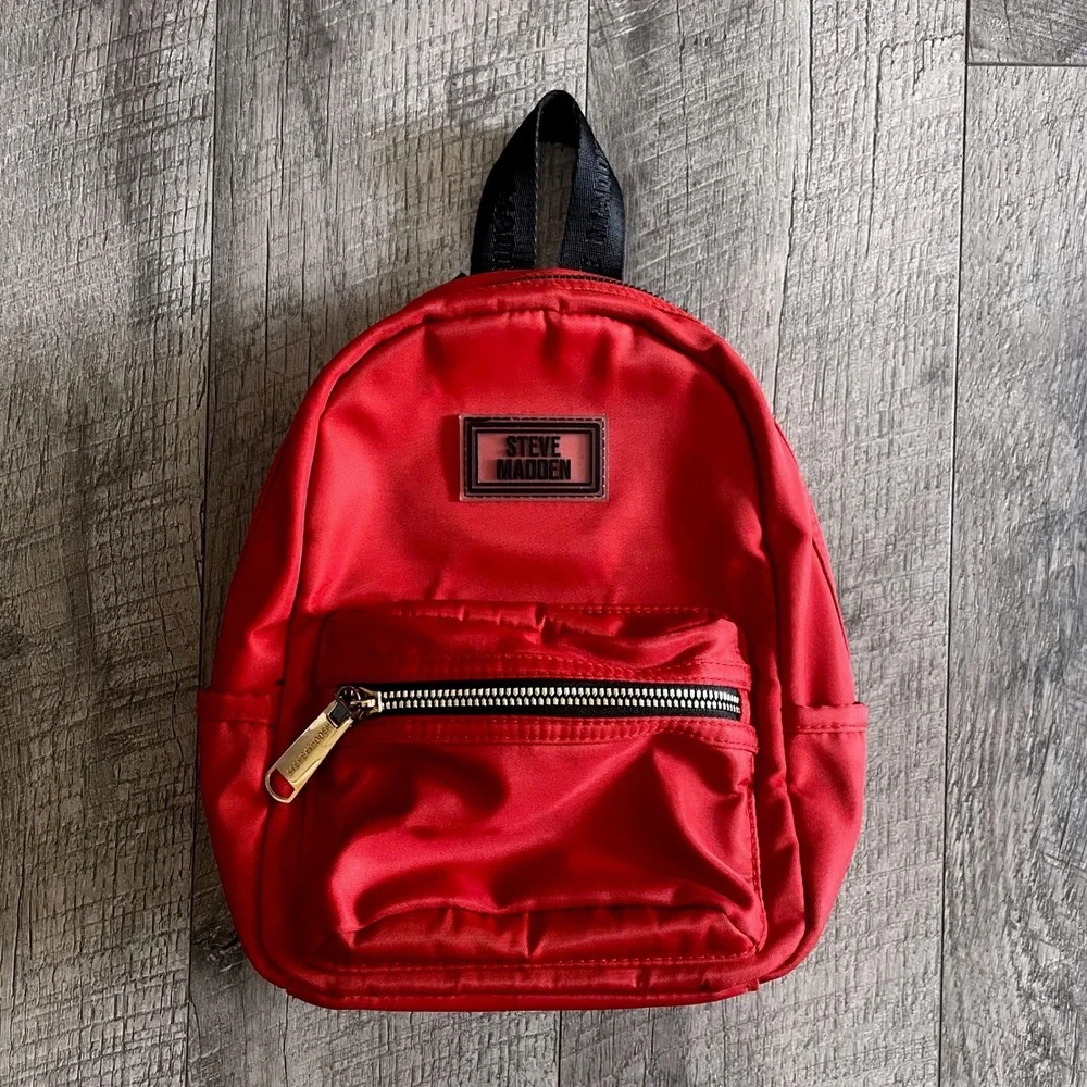 Steve Madden Red Nylon Mini Backpack Logo Webbing Straps Gold Hardware